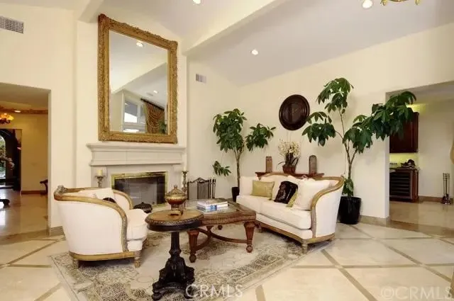 a living room with furniture a fireplace and a potted plant