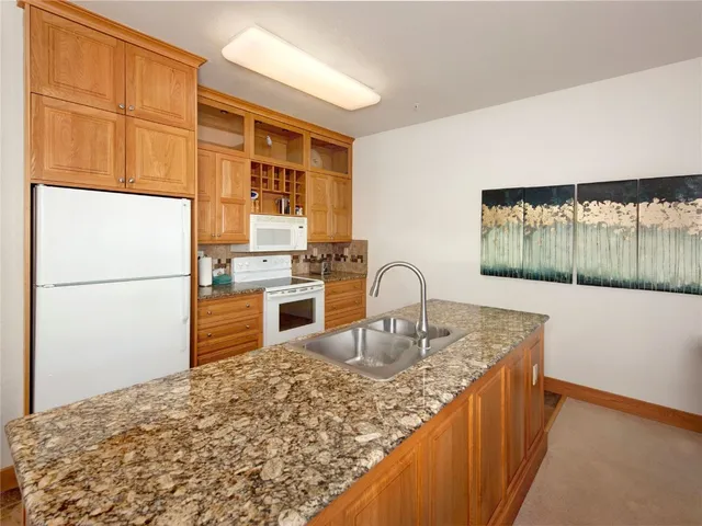 a kitchen with stainless steel appliances granite countertop a sink and a refrigerator