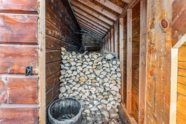an aerial view of a house with a garden