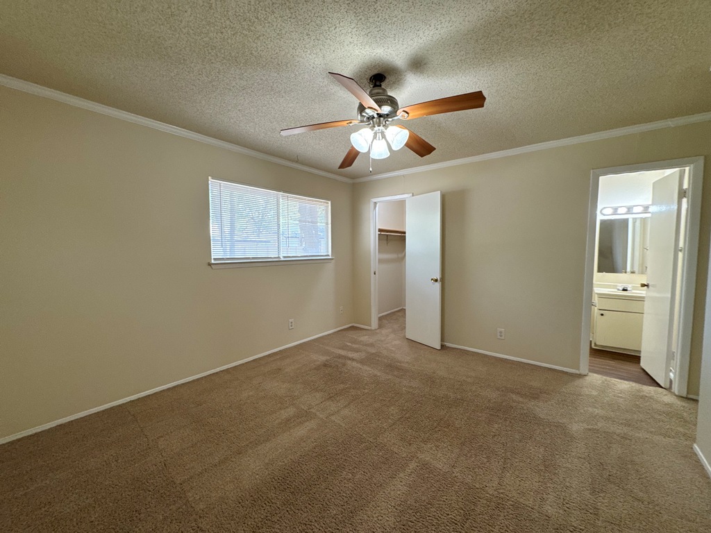 5905 Burrough Drive Austin, TX 78745 - Photo 34 of 40 Unfurnished bedroom with ornamental molding, a walk in closet, carpet, a textured ceiling, and ceiling fan