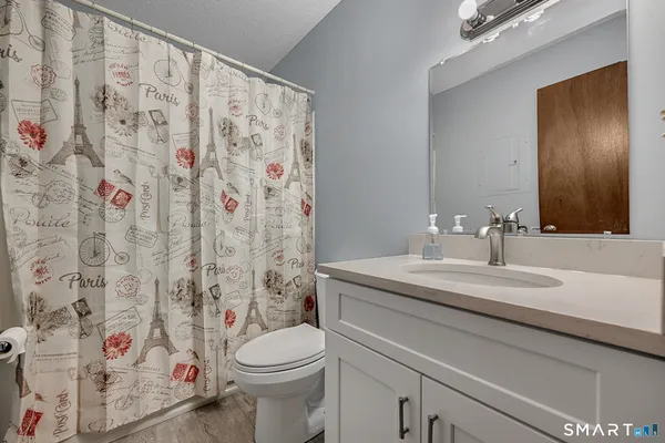 a bathroom with a sink toilet and shower curtain