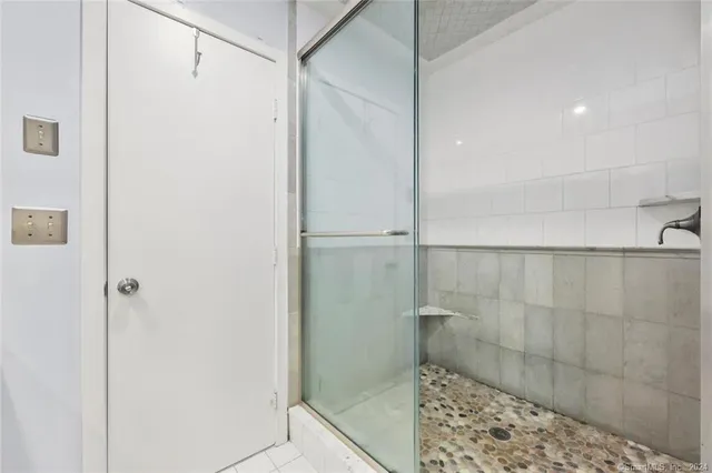 a bathroom with a shower and a toilet