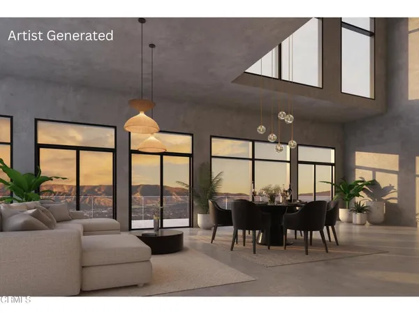 a living room with furniture a dining table and a large window