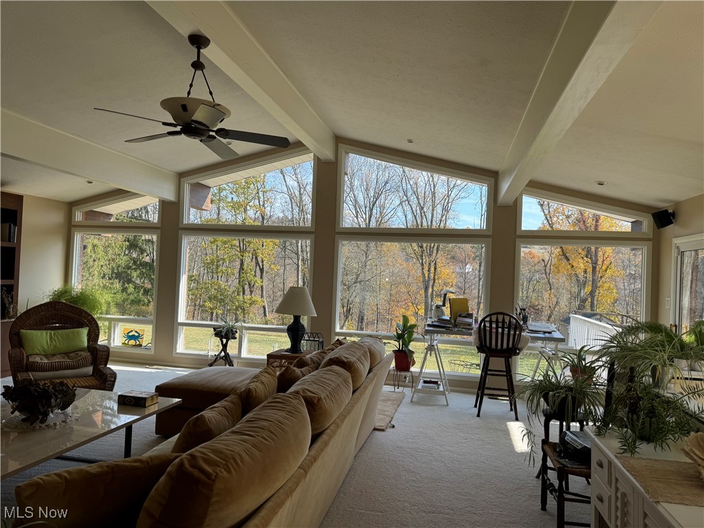 157 Seneca Road Wheeling, WV 26003 - Photo 3 of 47 Sunroom with ceiling fan and vaulted ceiling with beams