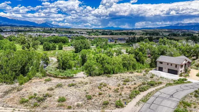 a view of a lush green field with houses in the background