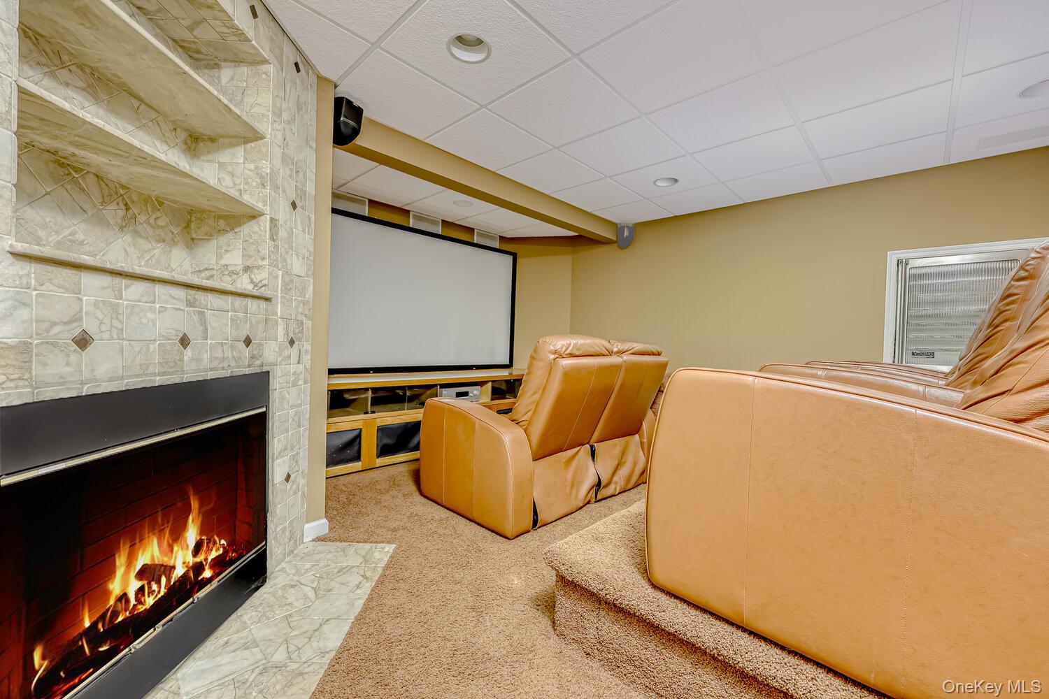 22 Golden Road Suffern, NY 10901 - Photo 39 of 41 Cinema featuring light colored carpet, a fireplace with flush hearth, and a drop ceiling
