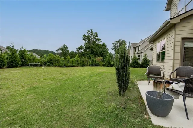 a garden view with a seating space