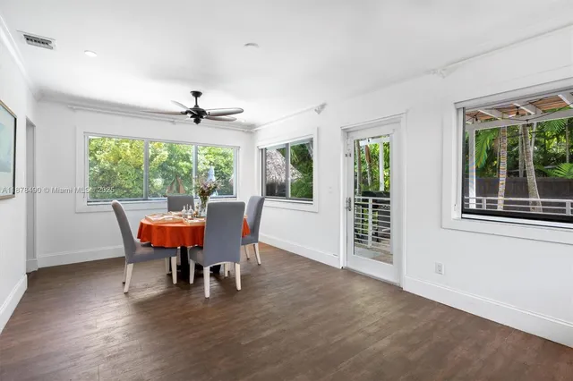 a view of a dining room with furniture window and outside view
