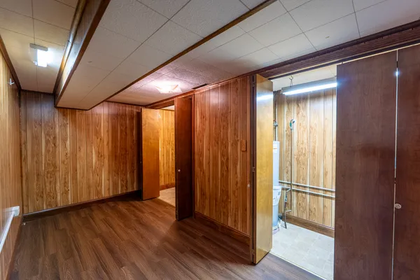 a view of a room with racks on the wall