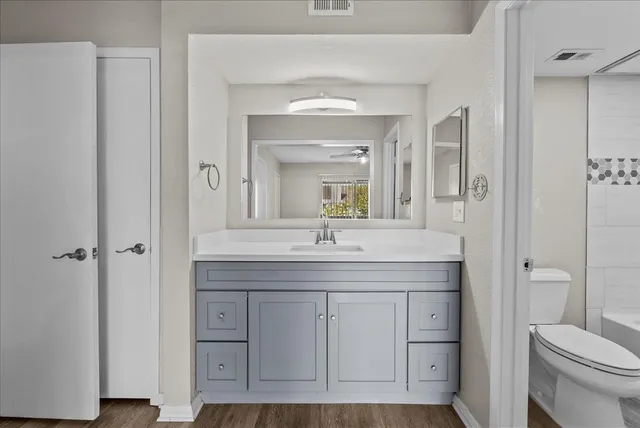 a bathroom with a granite countertop sink vanity and a mirror