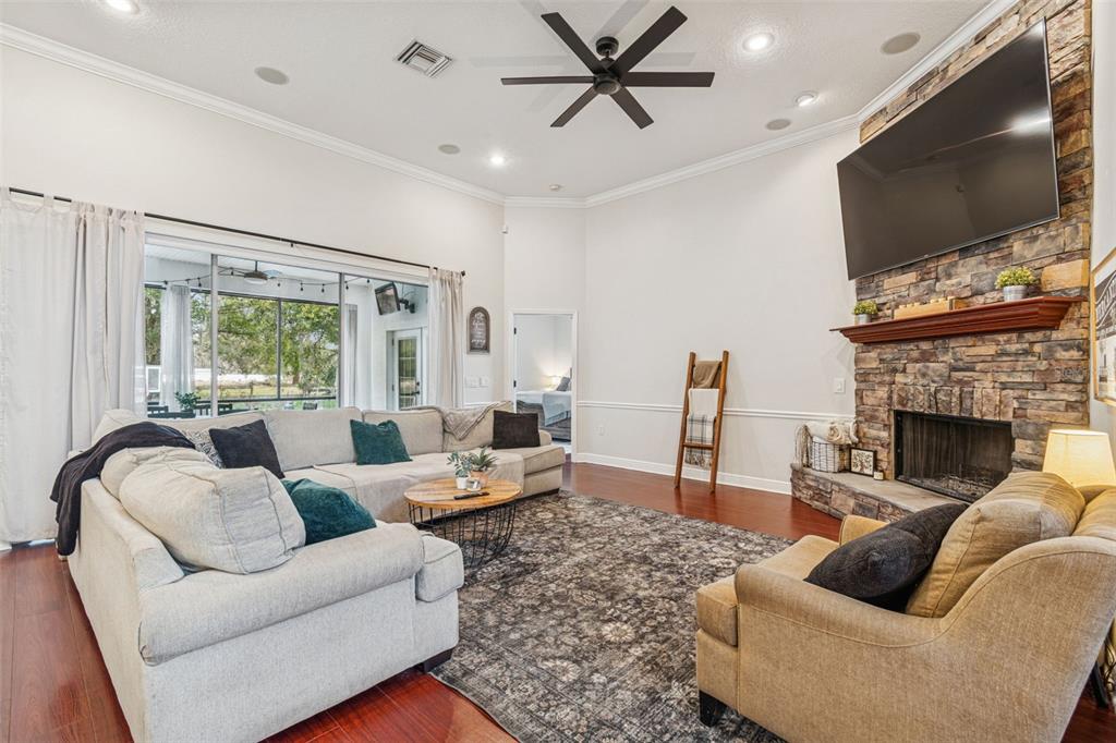 3077 Cork Road Plant City, FL 33565 - Photo 34 of 99 a living room with furniture a flat screen tv and a fireplace