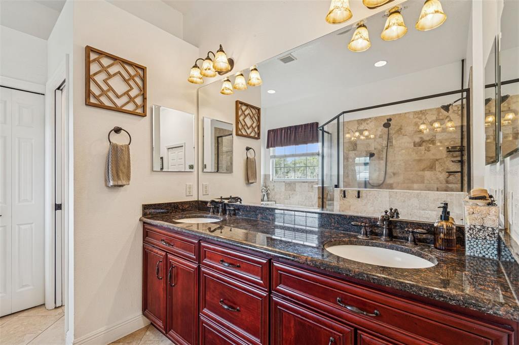 3077 Cork Road Plant City, FL 33565 - Photo 46 of 99 a bathroom with a granite countertop sink a large mirror and a shower