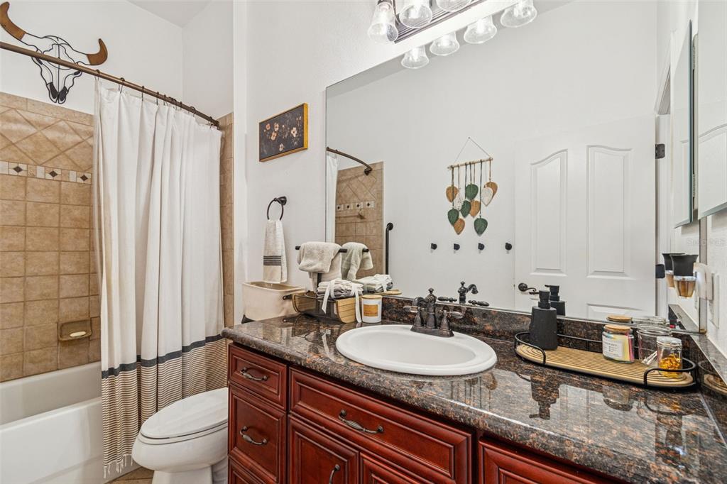 3077 Cork Road Plant City, FL 33565 - Photo 54 of 99 a bathroom with a granite countertop sink a toilet a mirror and shower