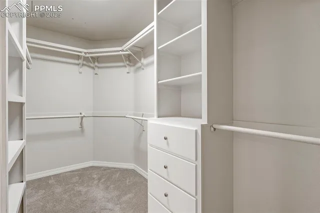 a view of walk in closet with empty racks