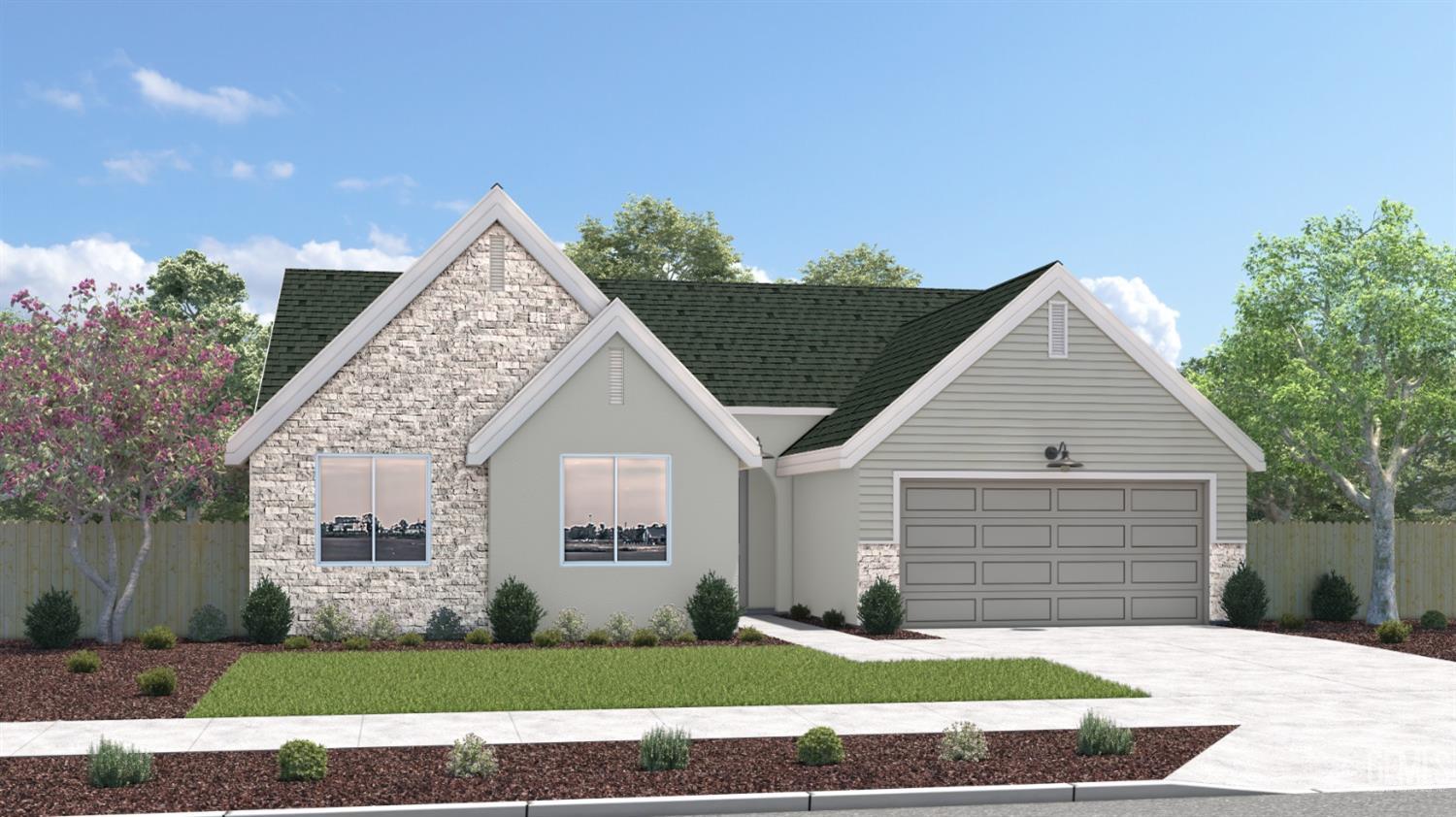 a view of a white house next to a yard with big trees