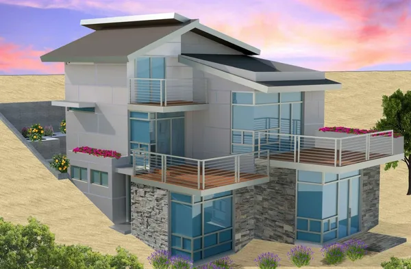 a view of a small house with roof deck front of house