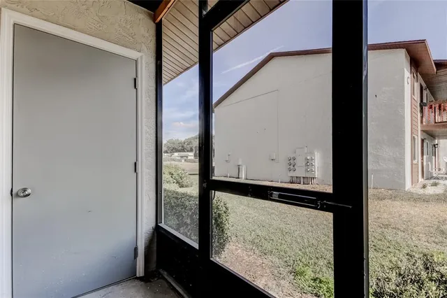 a view of a glass door with a from a window