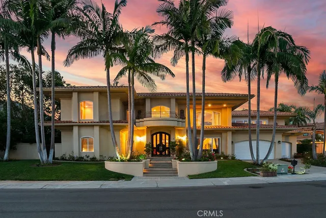 a front view of multiple houses with palm trees