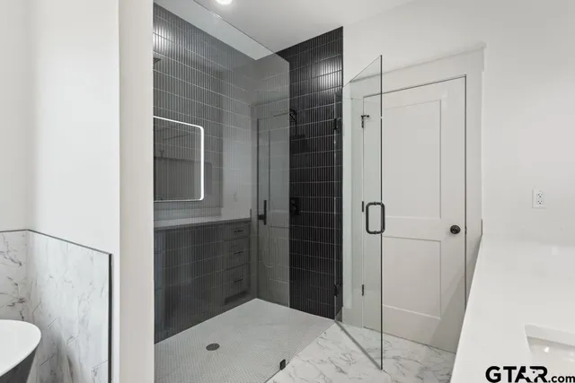 a bathroom with a shower and a sink
