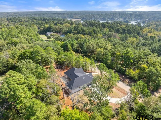 an aerial view of a house with a yard and garden