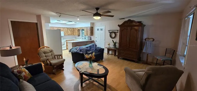 a living room with furniture a ceiling fan and a rug