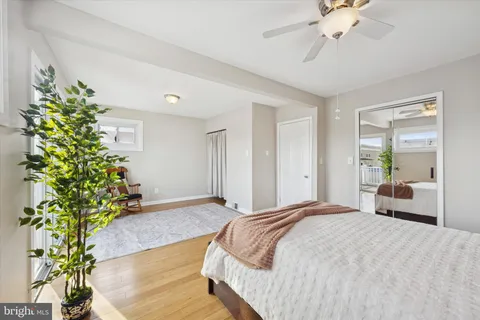 a spacious bedroom with a bed and a potted plant