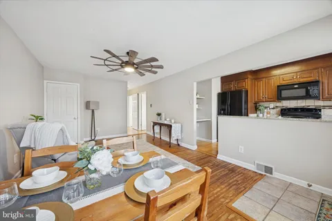 a view of a dining room with furniture
