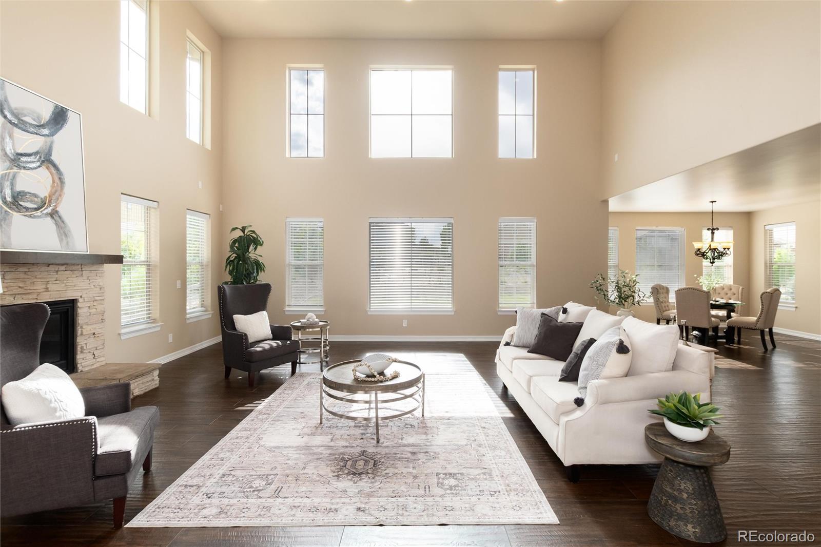 10703 Braesheather Court Highlands Ranch, CO 80126 - Photo 20 of 48 a living room with furniture potted plant and a fireplace