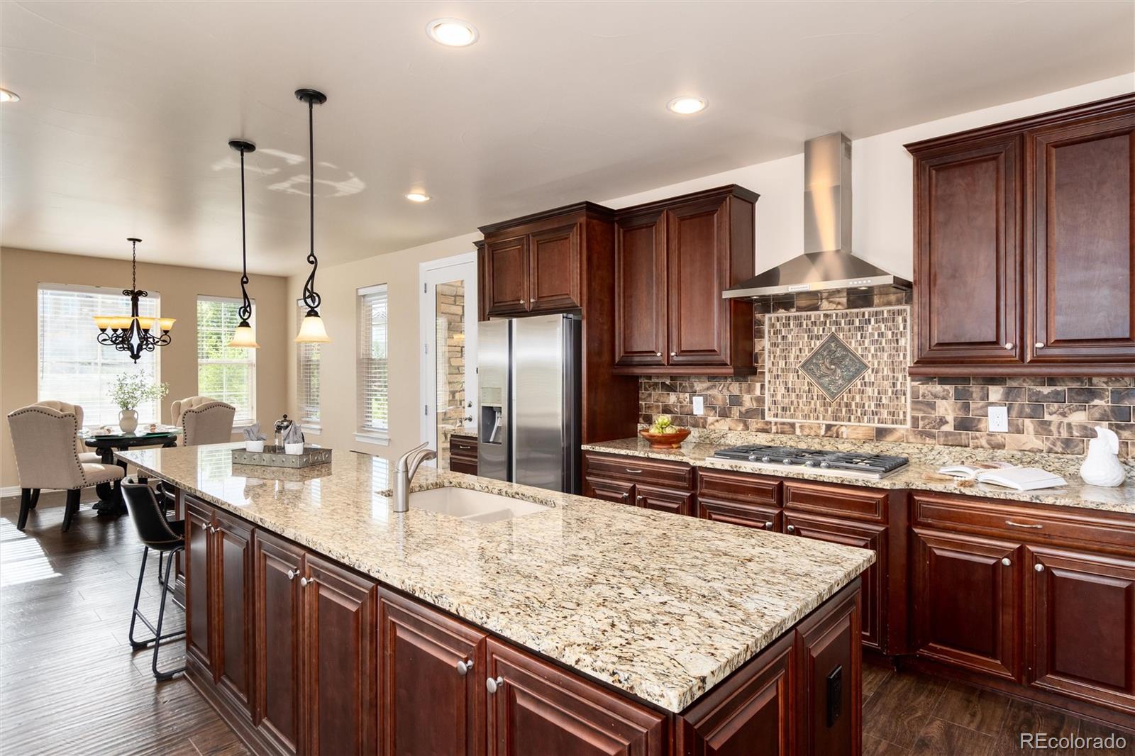 10703 Braesheather Court Highlands Ranch, CO 80126 - Photo 22 of 48 a kitchen with stainless steel appliances granite countertop counter space a sink cabinets and refrigerator