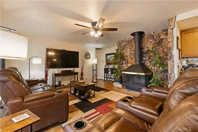 a living room with a couch and a potted plant