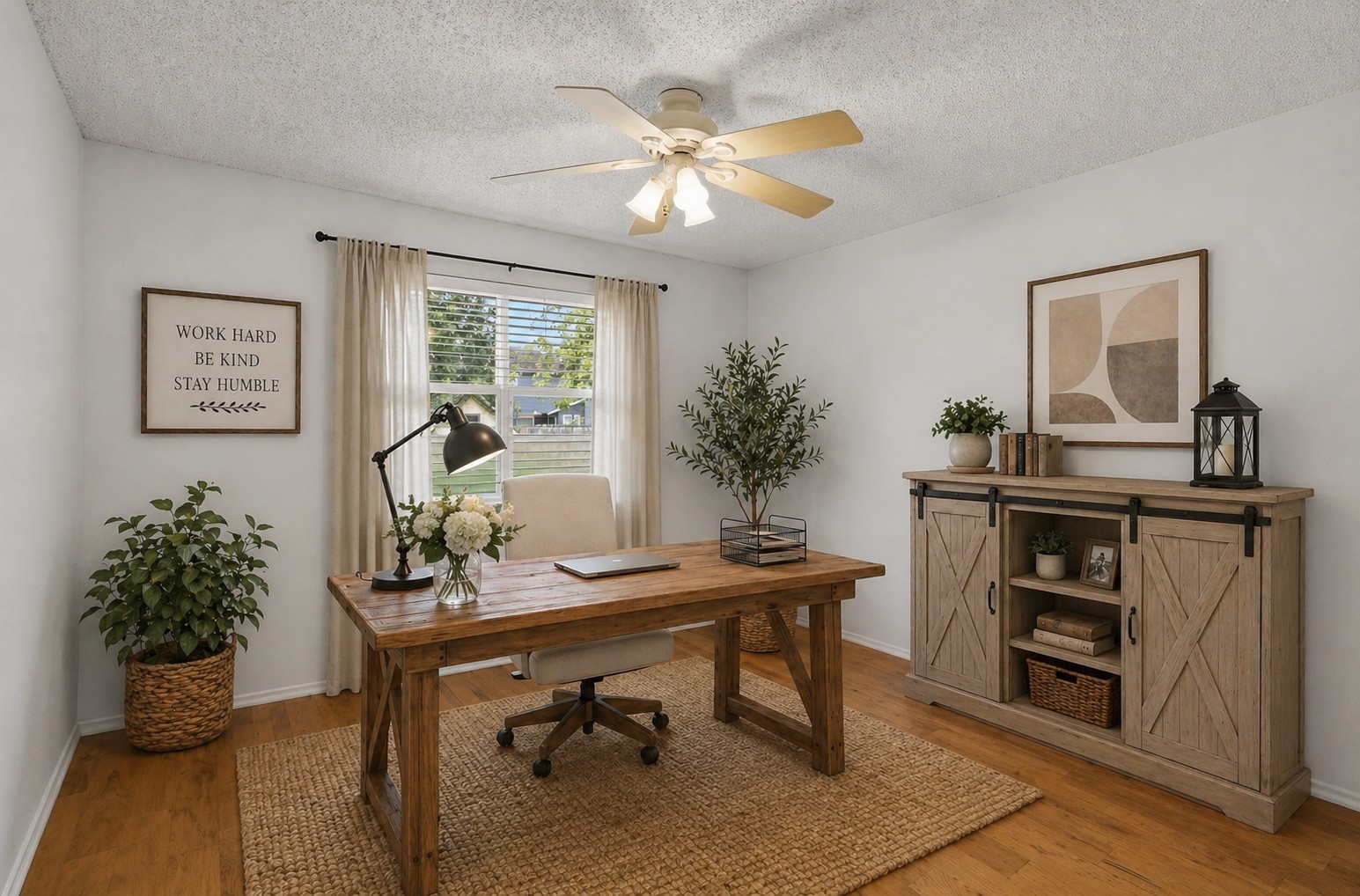 5305 Wolf Run Austin, TX 78749 - Photo 12 of 37 Light-filled interior space with wood-finish flooring, a ceiling fan fixture, and a window with blinds