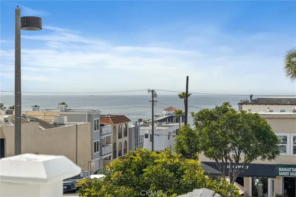 a terrace with a city view