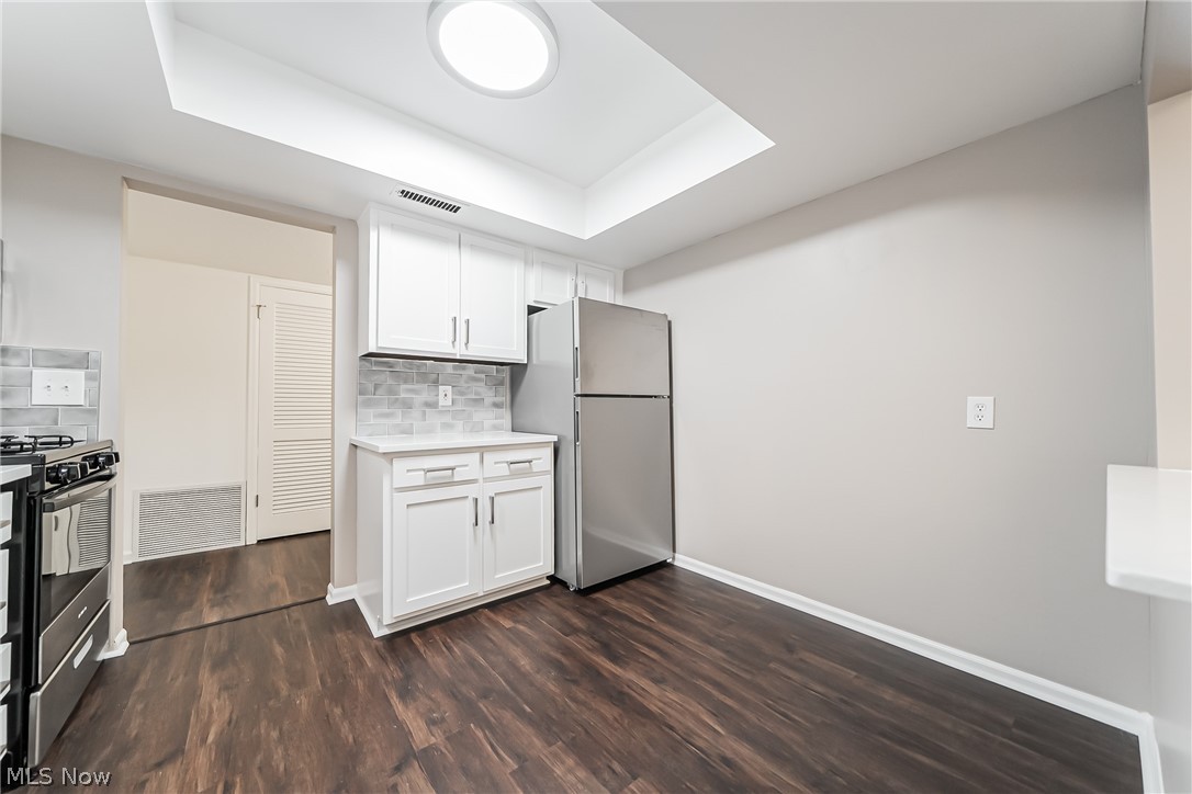 22701 Center Ridge Road, Unit 304 Rocky River, OH 44116 - Photo 15 of 31 Kitchen with tasteful backsplash, white cabinets, dark hardwood / wood-style flooring, a tray ceiling, and appliances with stainless steel finishes