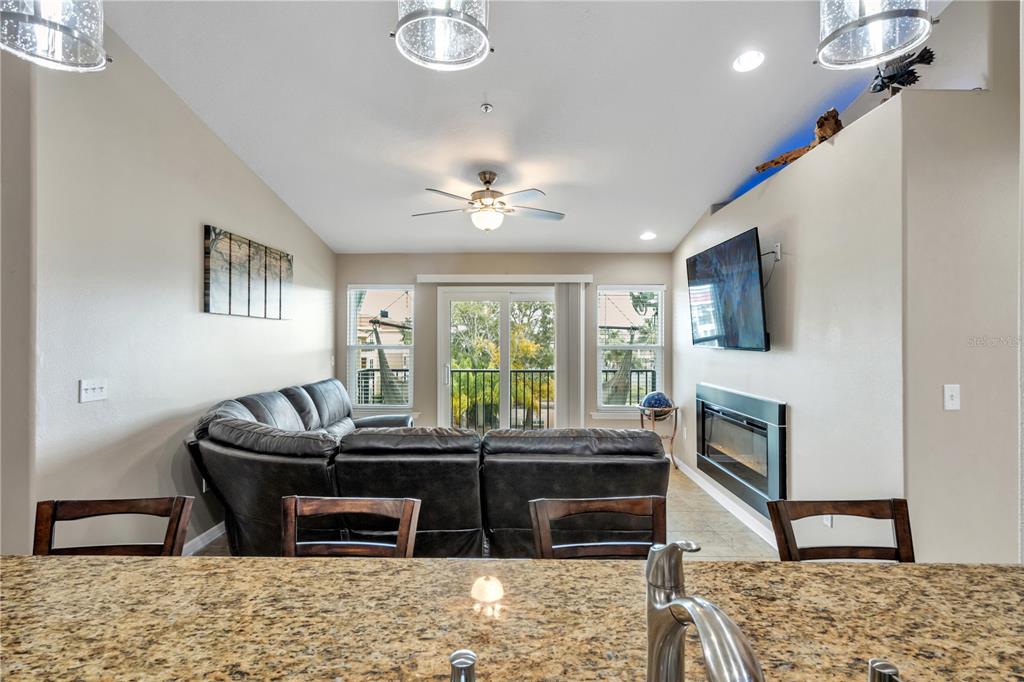 6420 Banyan Boulevard, Unit 303 New Port Richey, FL 34652 - Photo 14 of 54 a living room with furniture flat screen tv and a fireplace