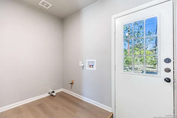 a view of a small space with a window