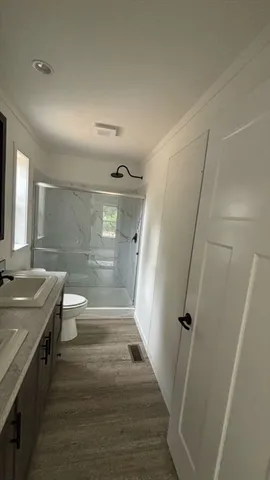 a bathroom with a double vanity sink toilet mirror and shower