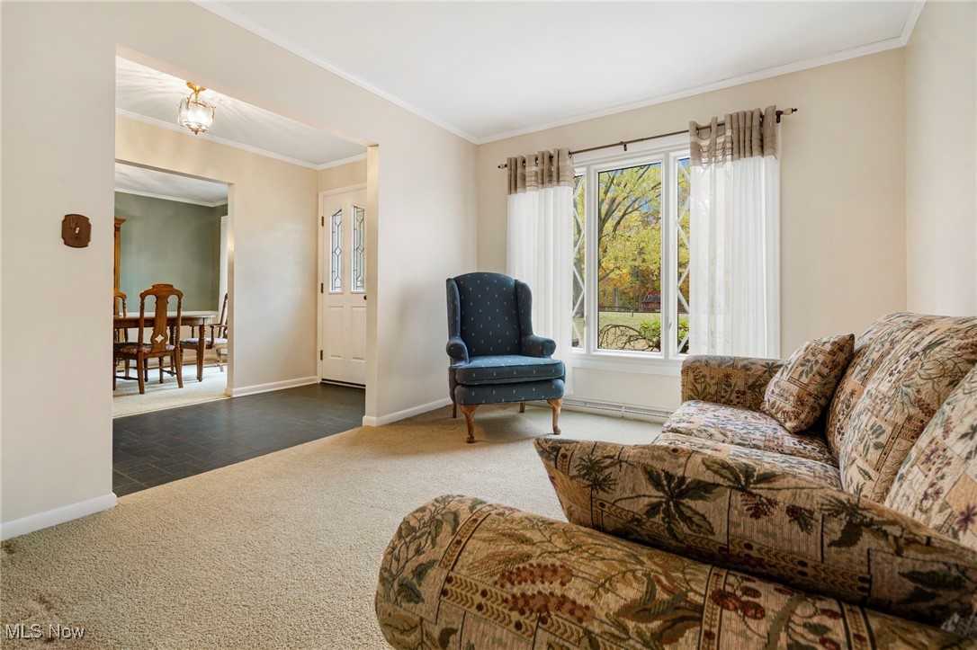14265 Reeder Avenue Northeast Alliance, OH 44601 - Photo 5 of 39 Sitting room featuring carpet flooring, crown molding, a baseboard heating unit, and tile patterned flooring