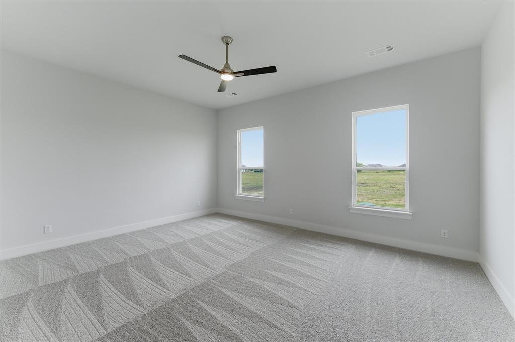 2316 Quartz Street Krum, TX 76249 - Photo 11 of 29 Spacious room featuring gray patterned carpeting, light gray walls, a ceiling fan with integrated lighting, and two windows with white trim