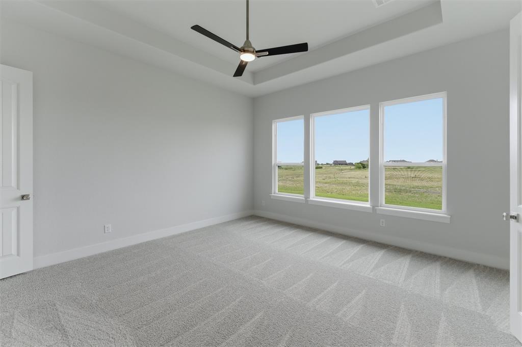 2316 Quartz Street Krum, TX 76249 - Photo 19 of 29 Bright interior space featuring a tray ceiling with a modern ceiling fan, three large windows, light gray carpet, and white trim