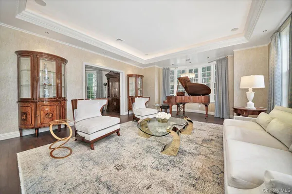 a living room with furniture and a table