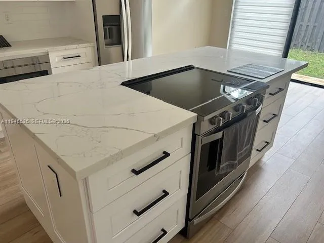a close view of stove and microwave