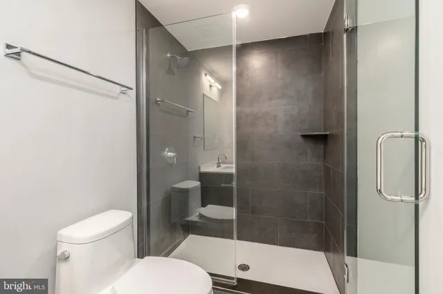 a bathroom with a shower and a toilet
