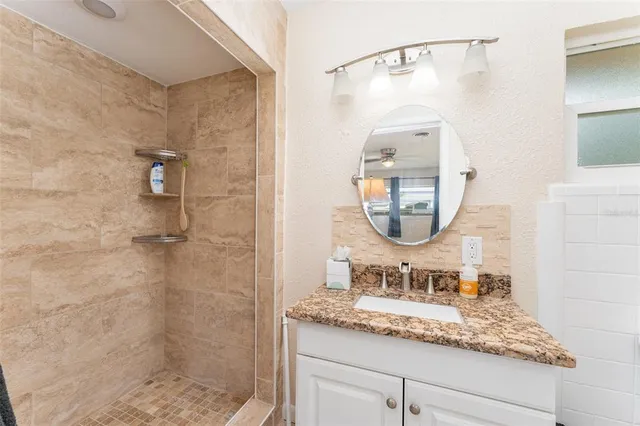 a bathroom with a granite countertop sink a mirror and shower