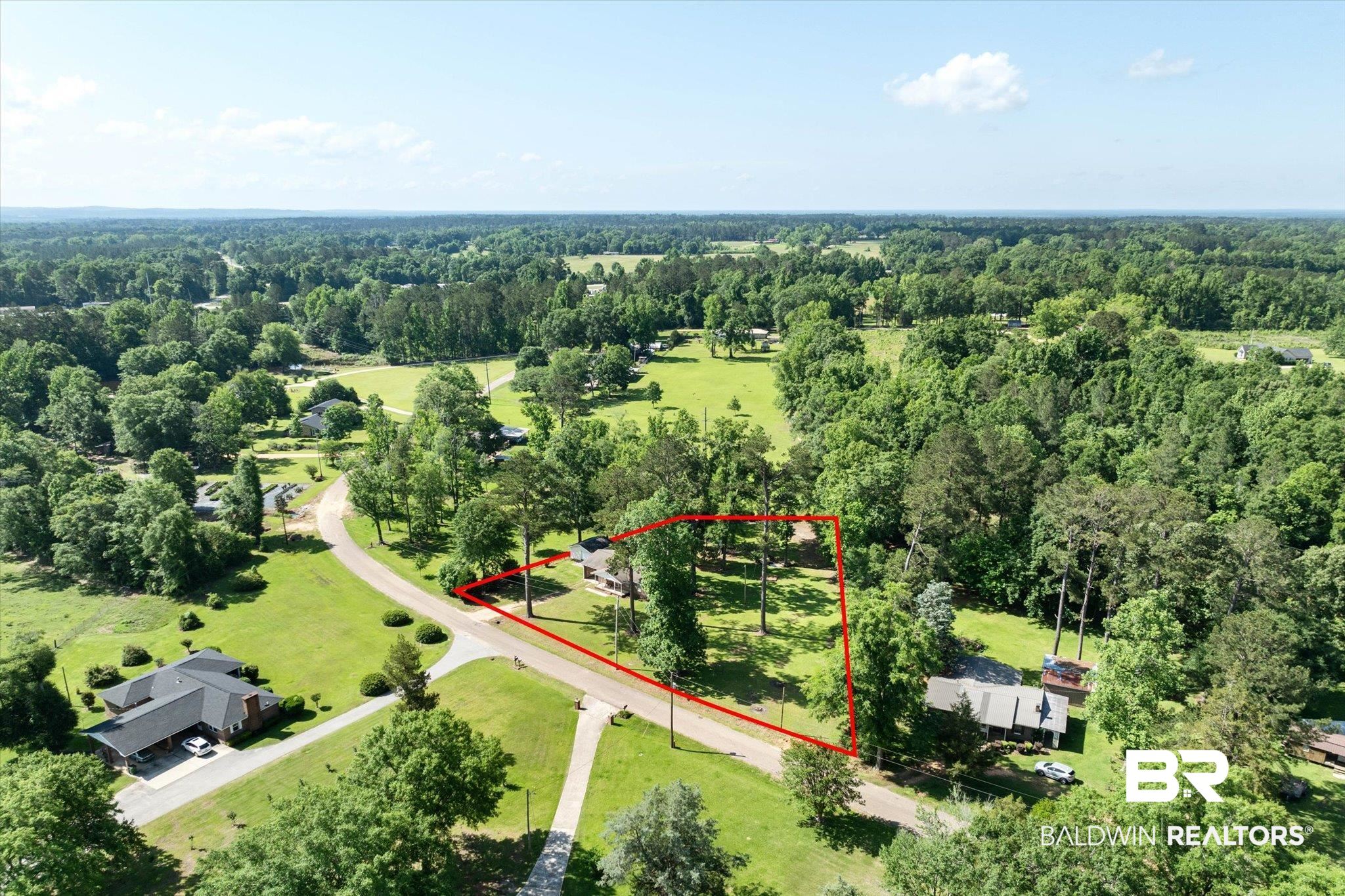 427 Upper Ferry Road Leroy, AL 36548 - Photo 33 of 37 Aerial view of property and surrounding area featuring property parcel outlined and a forest
