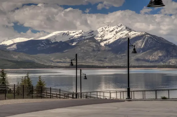 a view of a lake with a mountain in the background