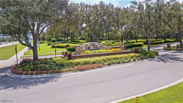 a park view with a bench and trees