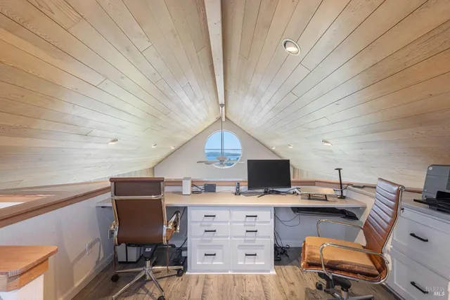 a view of an empty room with shelves