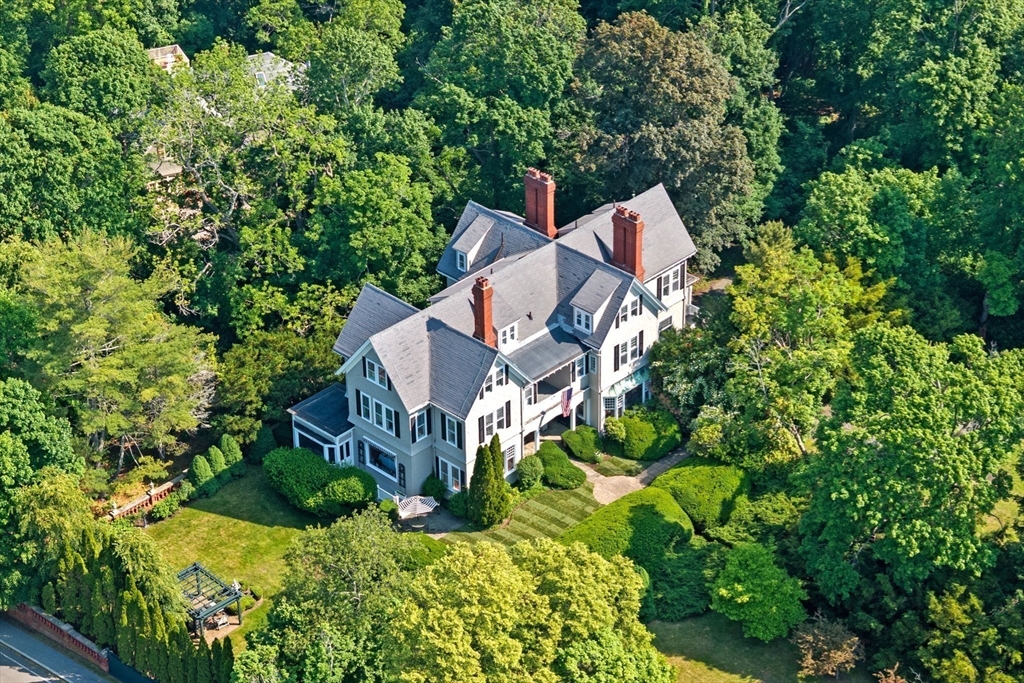 an aerial view of a house with a yard and a large tree