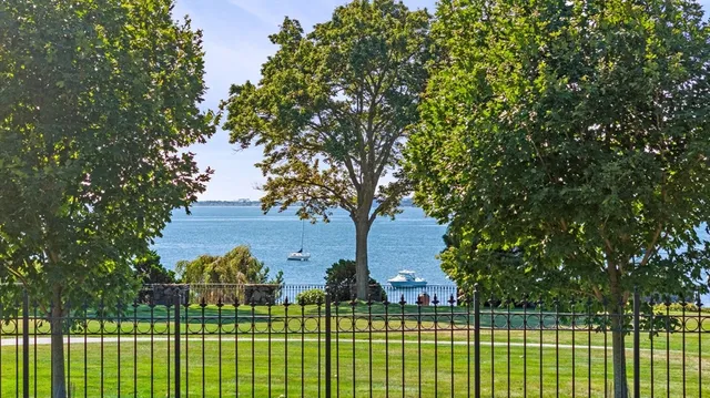 a garden view with a seating space
