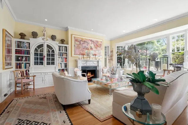a living room with furniture a fireplace and a floor to ceiling window
